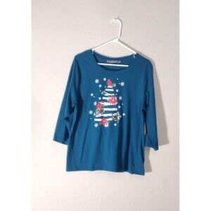 Jason Maxwell Womens XL Christmas Top Blue 3/4 Sleeves Tree Cardinal Bird Snow